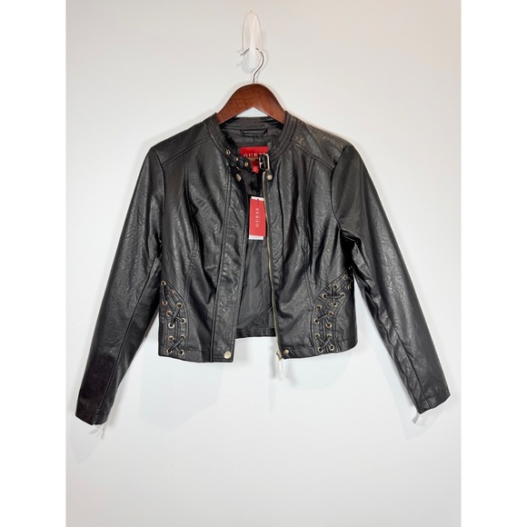 Guess Jackets & Blazers - GUESS Ciena STC Moto PU Jacket Jet Black Lace Up Faux Leather R5RL61WGKP0 Size S